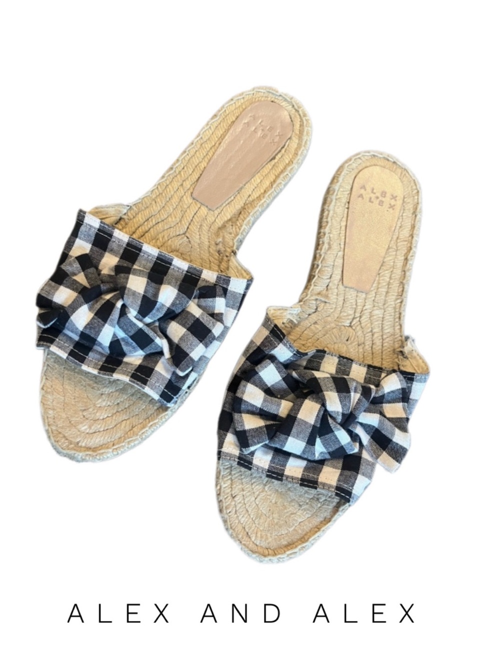 ALEX + ALEX Black & White Gingham Espadrille Slides with Bows